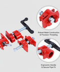 Get This Vertical Woodworking Clamp For Bench To Crush Glue-Ups And Assembly Like A Boss With Stable Metal Vise holding red clamps.