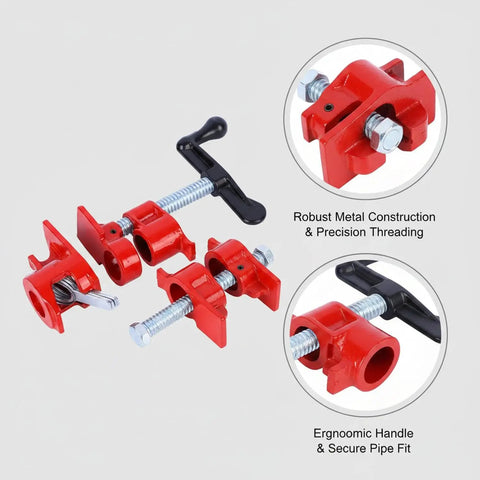 Get This Vertical Woodworking Clamp For Bench To Crush Glue-Ups And Assembly Like A Boss With Stable Metal Vise holding red clamps.
