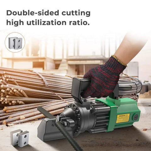 Anbull 6 Pcs Electric Rebar Cutter Replacement Blades for 5/8 Inch and 16mm size, showing a cutting machine with rebar.