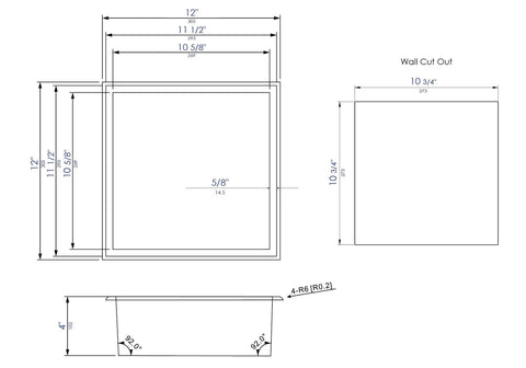 Technical drawing of Polished Stainless Steel Square Bath Shower Niche 12 x 12 Inch, Single Shelf, Ready To Mount.