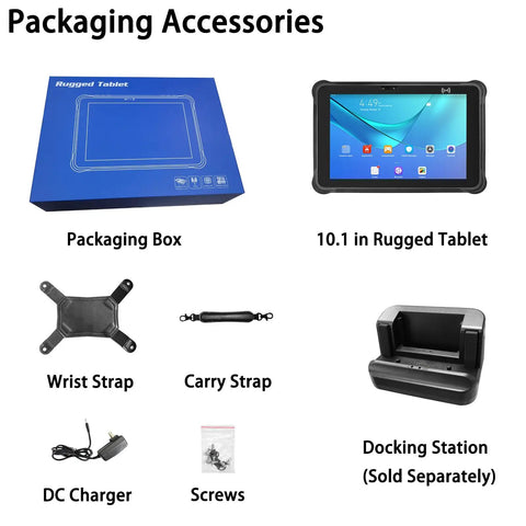 Hardcore Rugged Tablet With Barcode Scanner, 10.1 Inch 5G Android 13 Industrial Machine packaging accessories layout.