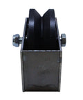Front view of Beefy 4 Inch Cast Iron V Groove Wheel With Roller Bearing For Residential Rolling Gates, black finish, heavy duty hardware.