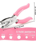 Mini Hole Punch Set 5 In 1 with heart, star, circle punches for paper crafts, pink handle, 1/4, 1/8, 1/16 inch durable metal tool