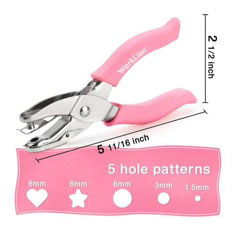 Mini Hole Punch Set 5 In 1 with heart, star, circle punches for paper crafts, pink handle, 1/4, 1/8, 1/16 inch durable metal tool