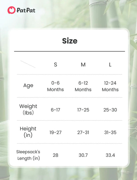 Size chart for Soft Bamboo Viscose Baby Sleep Sack 1.0 TOG For 0-6 Months, Breakfast Friends.