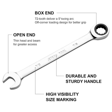 Ratcheting Seven Eighth Inch Combination Wrench With 72 Tooth Gear, Reversible 12 Point Box End, Forged Chrome Vanadium Steel.