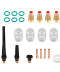 Pro Grade All In One TIG Welding Consumables Kit 22 Pc Set With Stubby Gas Lens And Glass Cups For WP17 WP18 WP26 Torches layout