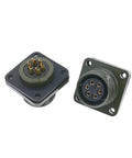 Pair of military-spec circular connectors (MS3102/MS3106) in olive-drab metal housing; plug and panel-mount receptacle.