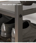 Heavy Duty 5 Tier Shoe Rack For Entryway And Closet, close-up of black carbon steel frame supporting shoes on ventilated mesh shelves.