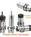Premium HSK63A Tool Holder With ER16, ER20, ER25 & ER32 Collet Chucks For CNC Milling Machines displayed from multiple angles.