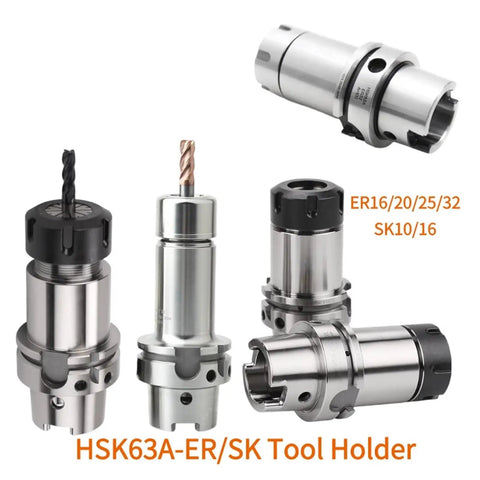 Premium HSK63A Tool Holder With ER16, ER20, ER25 & ER32 Collet Chucks For CNC Milling Machines displayed from multiple angles.