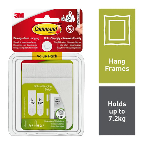 Damage Free Picture Hanging Strips For Walls No Tools Needed Medium And Large White Mounts For Quick Decor Fixes In Living Rooms And Dorm Rooms 4 Medium Pairs And 8 Large Pairs product packaging with weight capacity and frame illustration.