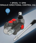 Single-spool hydraulic directional control valve, 11 GPM, black body with red port plugs and long silver control rod.