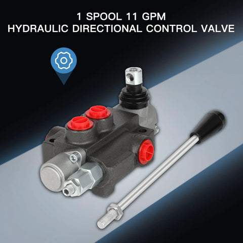 Single-spool hydraulic directional control valve, 11 GPM, black body with red port plugs and long silver control rod.