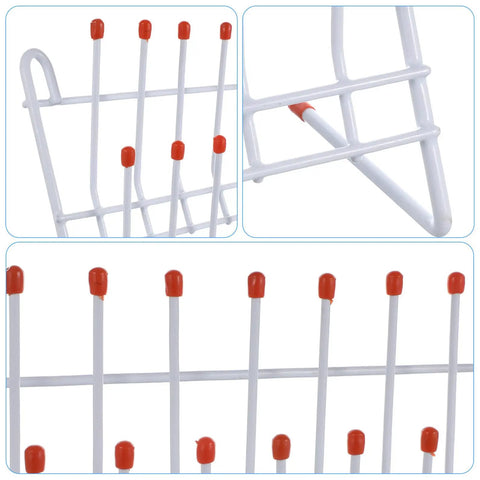Close-up of Compact Lab Glassware Drying Rack For Beakers And Flasks with white steel frame and orange tips.