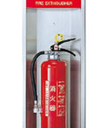 Rock Solid Half Embedded Fire Extinguisher Box Sleek Stainless Steel Hairline Finish Wall Mount Safe Storage For Type Ten Extinguishers with red extinguisher.