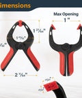 Dimensions of 10 Pack Mini Spring Clamps With 1 Inch Opening And Pivoting Jaw Pad, showcasing red and black grip design.