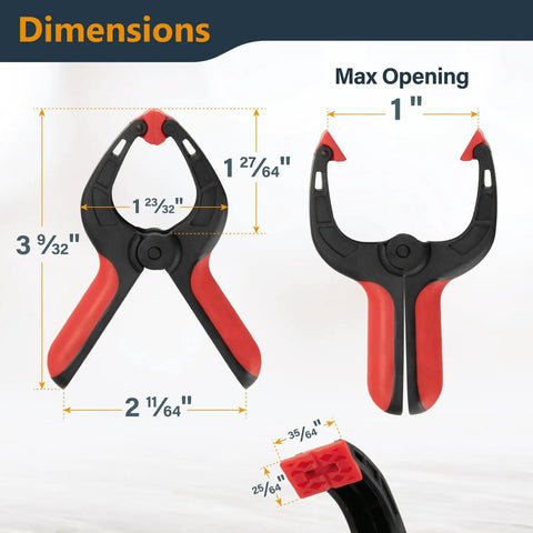 Dimensions of 10 Pack Mini Spring Clamps With 1 Inch Opening And Pivoting Jaw Pad, showcasing red and black grip design.