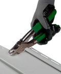 Hand using Vinyl And Aluminum SnapLock Punch For Finishing Siding And Skirting With Locking Tabs High Projection Design on vinyl panel