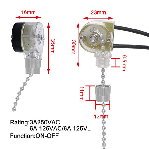 Three Pack Zing Ear ZE109 Two Wire Ceiling Fan Pull Chain Light Switch Replacement dimensions and specifications