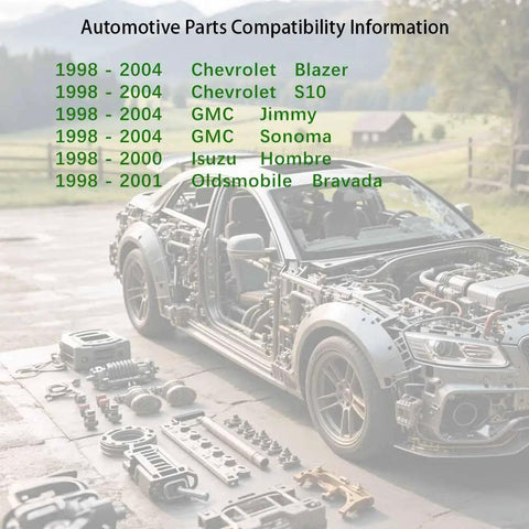 Automotive parts compatibility for 1998 to 2004 Chevy Blazer, S10, GMC Jimmy with detailed vehicle parts laid out.