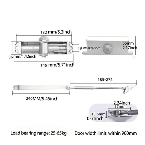 Dimensions and parts of Commercial Door Closer For 55-143 Lbs Doors, No-Fuss Auto Close System for industrial settings shown.