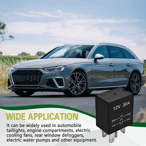 Tough As Nails 4 Pin 12V 30A Automotive Relay Pack showing waterproof switch for car circuits with a vehicle in background.