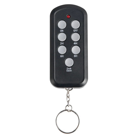 Heavy-Duty Outdoor Power Stake with Smart Timer Acts As a Power Party Starter Transforming One Dead Outlet Into Six Connected Hubs, 50 ft Weatherproof Extension Cord with Remote Control and Dusk to Dawn Auto Switch for Christmas Lights Patio remote control with timer buttons and keychain.
