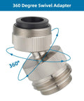 Swivel Faucet To Garden Hose Adapter Kit For Kitchen Sink Or Outdoor Hose, Multi Thread Aerator Connector, Three Quarters Inch GHT Threads, Brushed Nickel Finish, Easy Install And Leak Free Performance, 360-degree brass swivel adapter