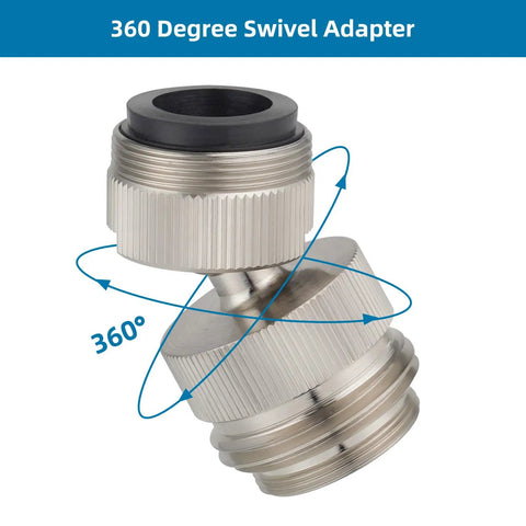 Swivel Faucet To Garden Hose Adapter Kit For Kitchen Sink Or Outdoor Hose, Multi Thread Aerator Connector, Three Quarters Inch GHT Threads, Brushed Nickel Finish, Easy Install And Leak Free Performance, 360-degree brass swivel adapter