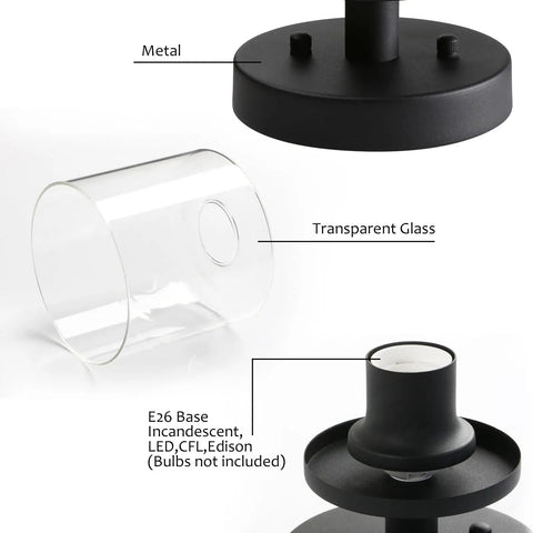 Detailed components of 2-Light Industrial Glass Shade Semi Flush Mount Ceiling Fixture, including glass shade and metal base