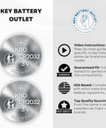 Key Battery Outlet packaging for Two Pack CR2032 Key Fob Batteries for Porsche Quick Clean Swap, featuring battery specifications and instructions.