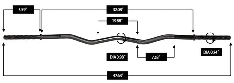 Beefy 48 Inch Olympic Curl Bar With Threaded Ends And 200 Lb Capacity 1 Inch Bar showing detailed measurements and knurling