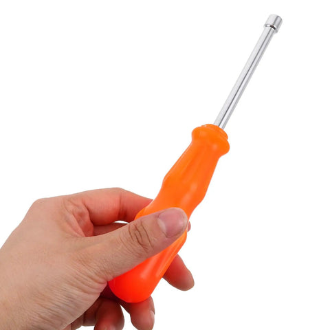 Heavy Duty Hex Socket Screwdriver Wrench With Swappable Bits For Nuts And Bolts, matte orange handle in hand.
