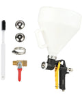 Pro Grade Air Texture Sprayer Featuring An Extended Swing Lever And Three Interchangeable Nozzles For Dead Smooth Wall Finishes Built Different To Spare Your Hands Through Intense Painting Gig Sessions components including nozzle, cup, and brush.