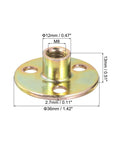 Built Tough Carbon Steel Brad Hole Tee Nuts, M8 Screw In Flange Thread Inserts, detailed view showing dimensions and hole size.