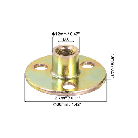 Built Tough Carbon Steel Brad Hole Tee Nuts, M8 Screw In Flange Thread Inserts, detailed view showing dimensions and hole size.