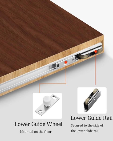 Concealed Track Sliding Door Hardware Kit For 2 To 6 Foot Doors, close-up of lower guide rail and wheel system on wood panel.