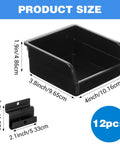 12 Pack Slatwall Bins With Hooks Plastic Organizer Set For Slatwall Storage shown with dimensions 4x3.8x1.9 inches, black color