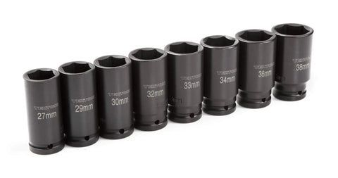 3/4 Inch Drive Deep 6-Point Impact Socket Set With Case, 8-Piece (27-38 Mm) lined on white background