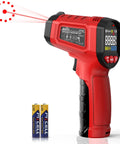 Non Contact Infrared Temperature Gun With Adjustable Emissivity And Color Backlight, Pro Grade Fast Laser Thermometer For Cooking, Pizza Oven, BBQ, Fridge, Engine, And HVAC, Reads -58F To 1112F (-50C To 600C) In 0.5s, Accurate ±2% red handheld thermometer with 2 AAA batteries
