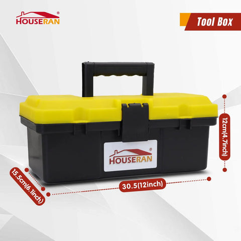 Yellow and black toolbox from Beefy 12 Piece Hand Tool Set With Toolbox For Home Garage And Diy showing dimensions.