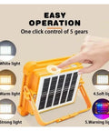 JUDYSSY 200-800W Outdoor Solar Led Floodlight Emergency Lighting showing selectable light modes and solar panel, portable design.