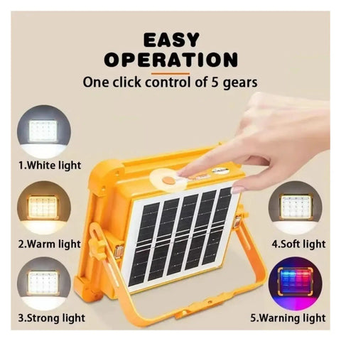 JUDYSSY 200-800W Outdoor Solar Led Floodlight Emergency Lighting showing selectable light modes and solar panel, portable design.