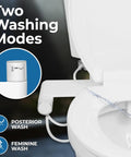 Ultra Thin Rear Feminine Right Handed Bidet Attachment For Toilet With Self Cleaning Dual Nozzles, No Wiring Needed, Easy DIY Install, Includes Hybrid Brass 3 Way T Valve With On Off And Travel Bidet showing two washing modes.