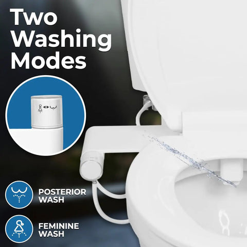 Ultra Thin Rear Feminine Right Handed Bidet Attachment For Toilet With Self Cleaning Dual Nozzles, No Wiring Needed, Easy DIY Install, Includes Hybrid Brass 3 Way T Valve With On Off And Travel Bidet showing two washing modes.