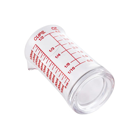 Glass Shot Measuring Cup 4oz for Cocktails and Espresso with Bar Grade Multi Scale Markings in Ounces Milliliters And Cups Red Line