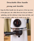 Slick Compact Semi Automatic Espresso Machine With Integrated Milk Frother And Steam Wand, detachable filter handle detail.