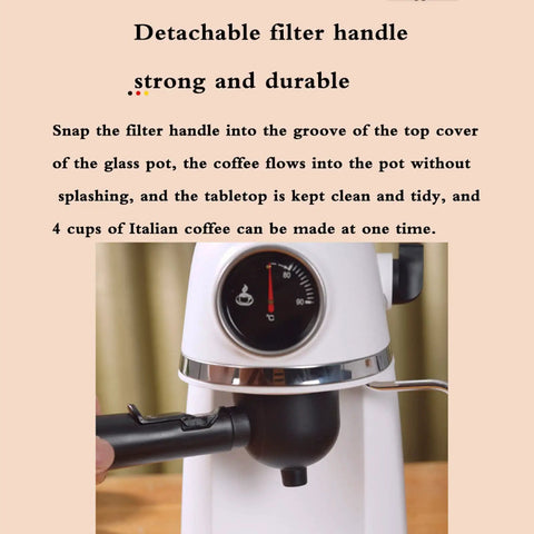 Slick Compact Semi Automatic Espresso Machine With Integrated Milk Frother And Steam Wand, detachable filter handle detail.