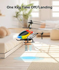 M5 RC Helicopter For Kids And Beginners With Altitude Hold hovering indoors, showcasing one key takeoff/landing feature.